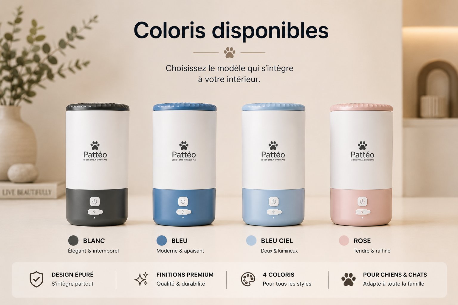 Pattéo™ disponible en quatre coloris doux : Blanc, Bleu, Bleu Ciel, Rose