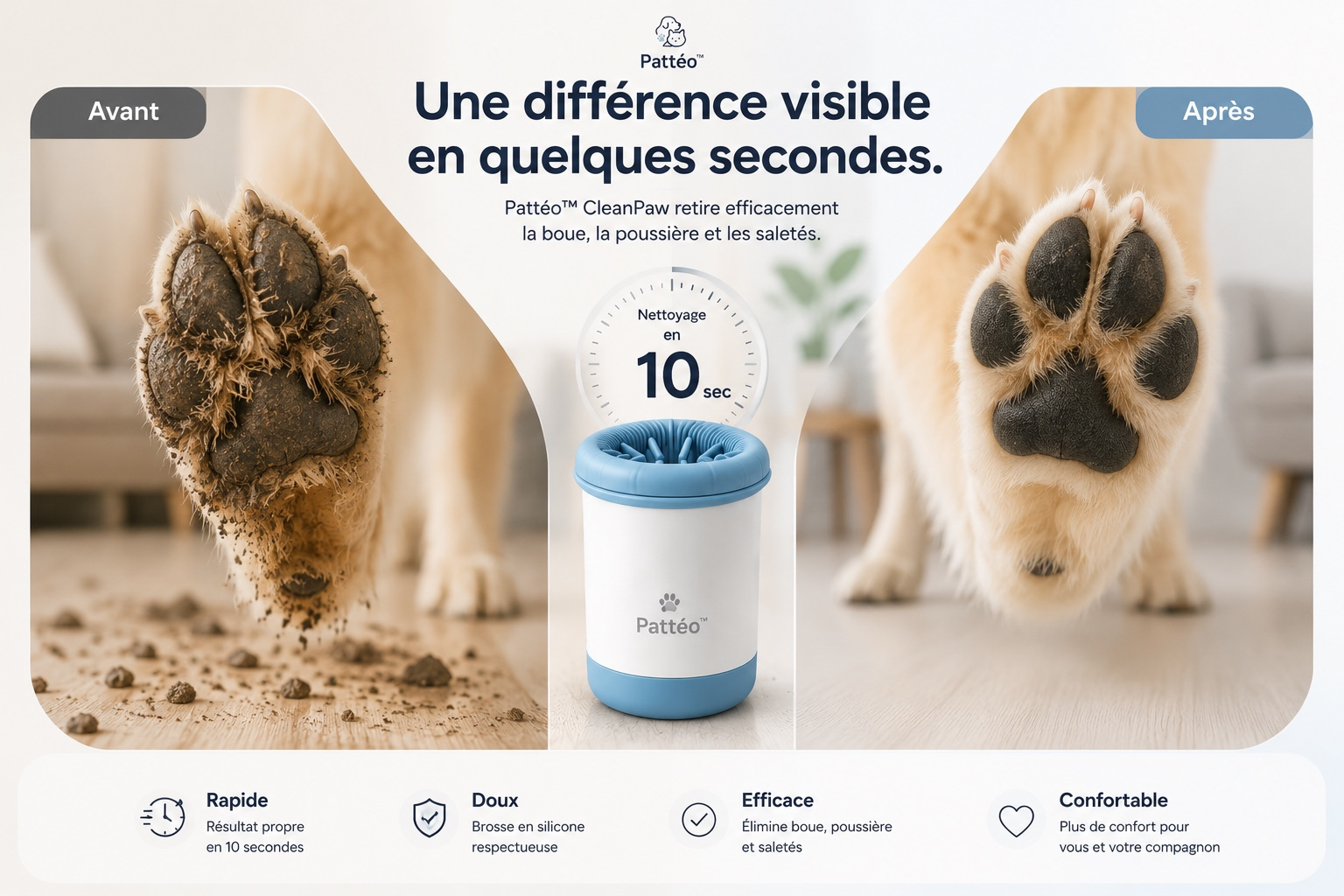 Avant/Après Pattéo™ : une différence visible en quelques secondes sur les pattes de votre chien