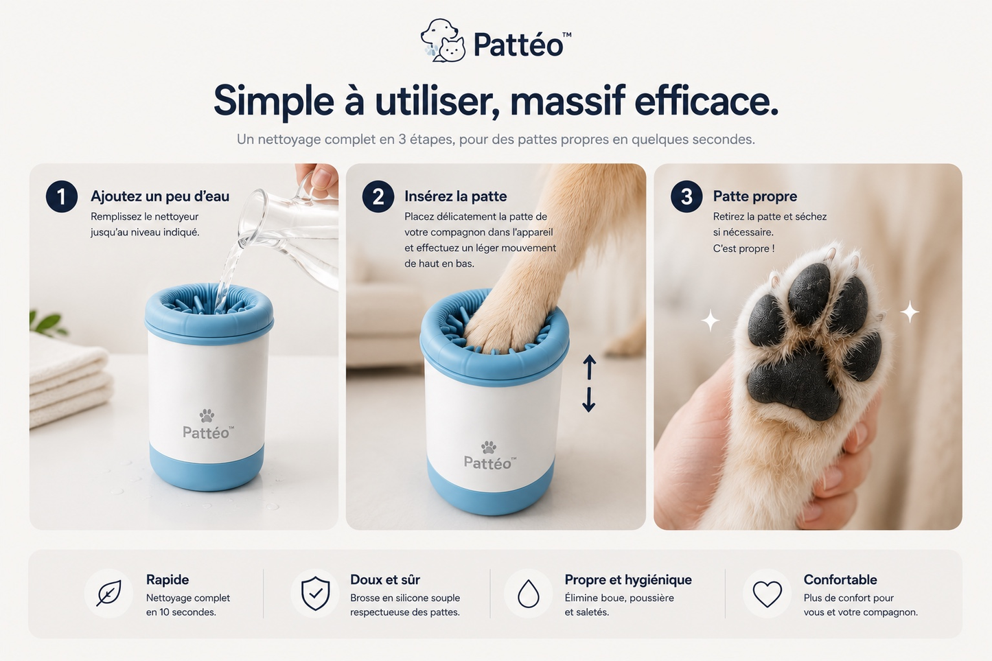 Simple à utiliser : ajoutez de l'eau, insérez la patte, patte propre en quelques secondes