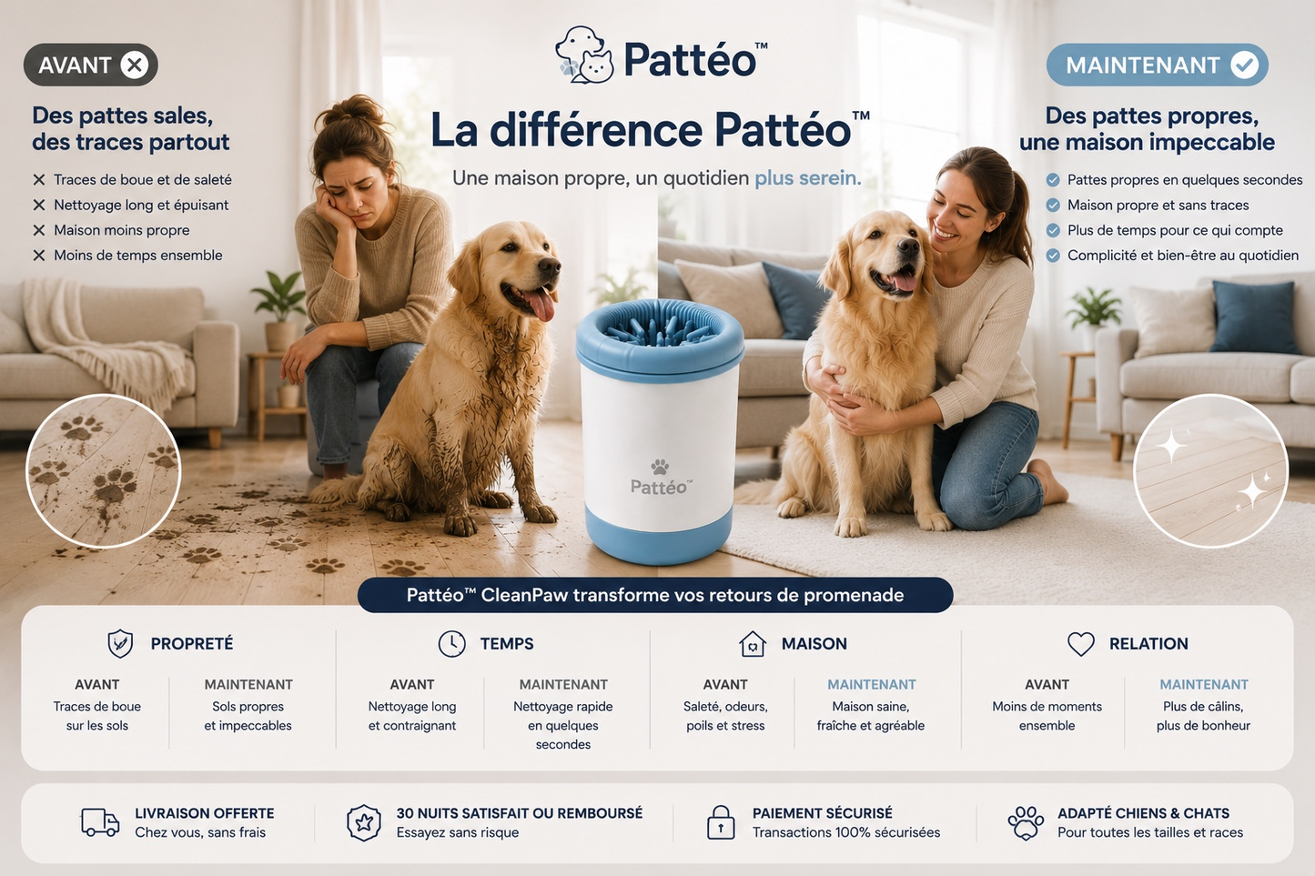 La différence Pattéo™ : avant, des pattes sales et une maison stressante ; maintenant, une maison propre et sereine