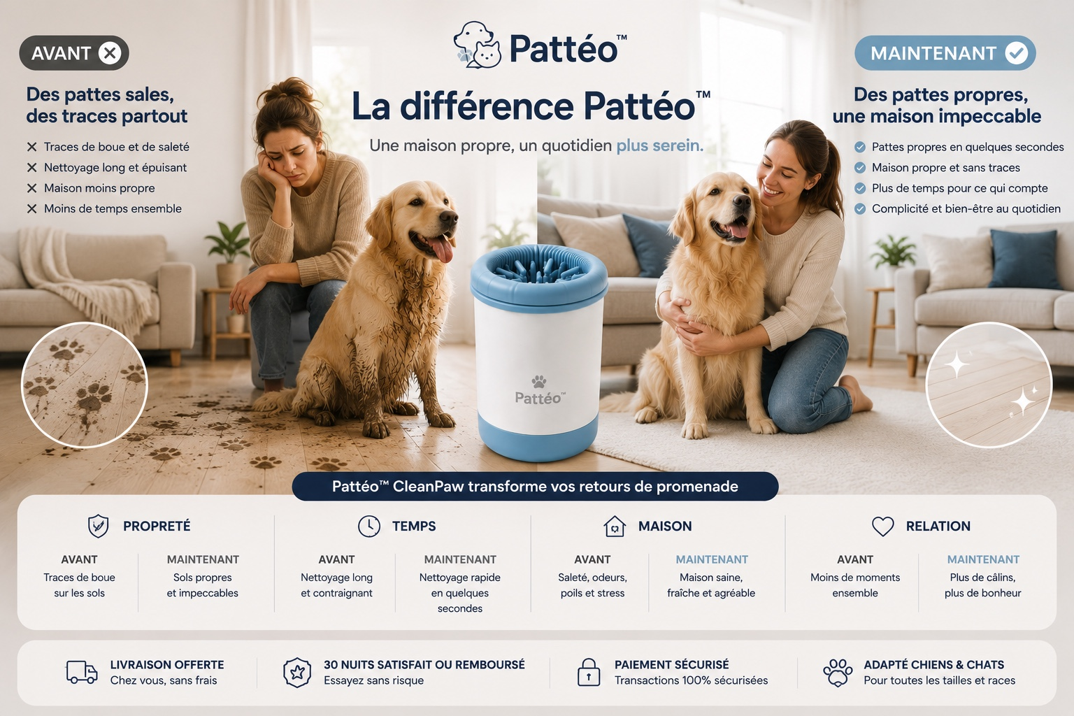 La différence Pattéo™ : avant, des pattes sales et une maison stressante ; maintenant, une maison propre et sereine